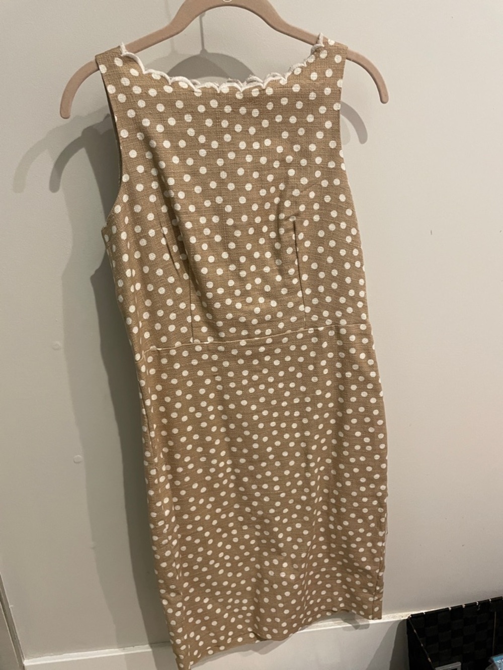 Ann Taylor Tan and White Polka Dot Sleeveless Sheath Dress